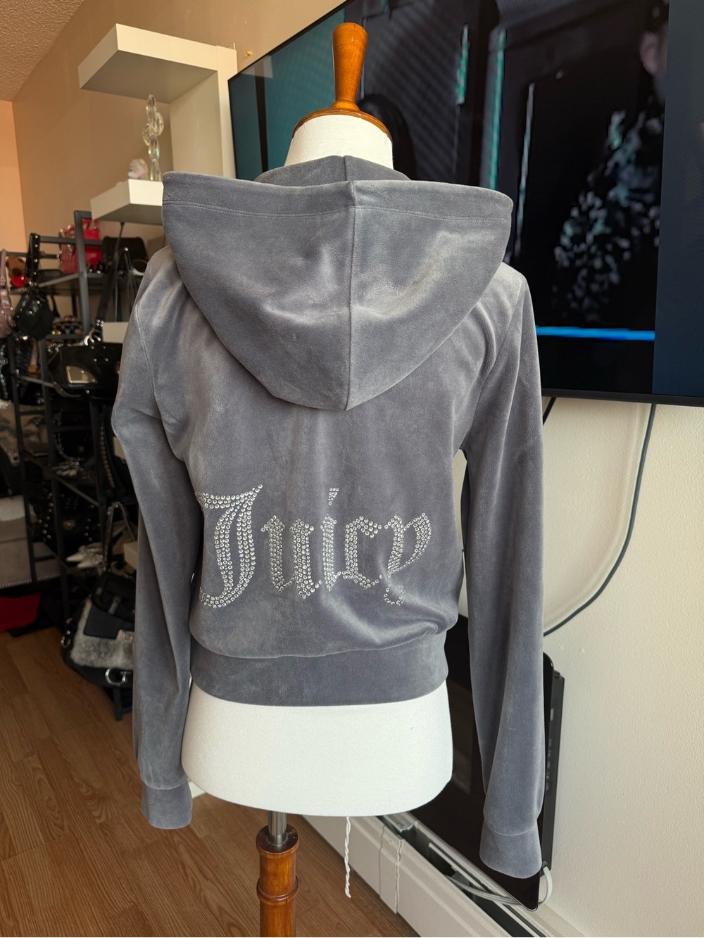 Juicy Couture Gray Velour Rhinestone Logo Hoodie Jacket
